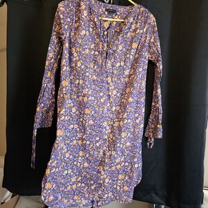 J. Crew Tunic W/Tie Belt, Purple Floral Boho Cotton Dress Small Sustainable